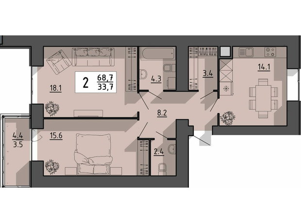 ЖК Файне місто: планировка 2-комнатной квартиры 68.7 м²