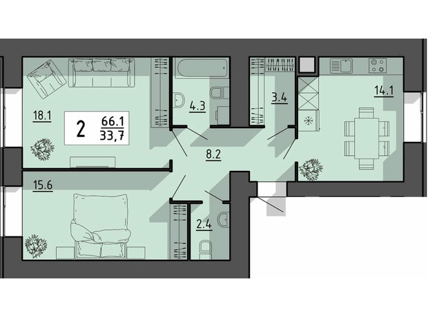 ЖК Файне місто: планировка 2-комнатной квартиры 66.1 м²