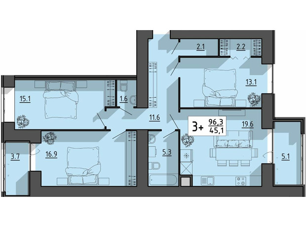 ЖК Файне місто: планування 3-кімнатної квартири 96.3 м²