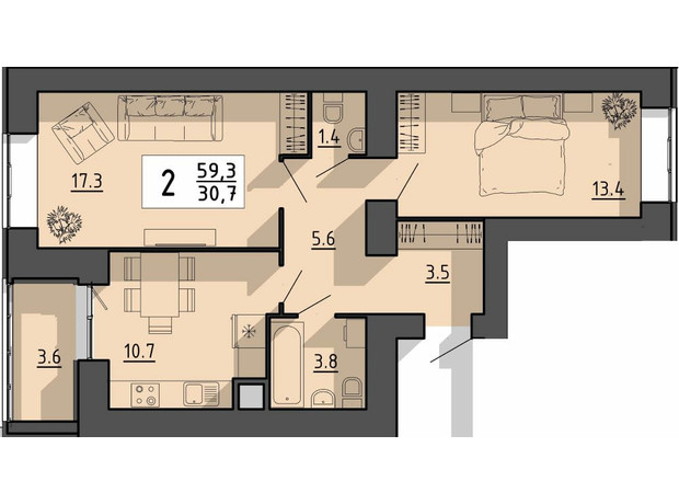 ЖК Файне місто: планировка 2-комнатной квартиры 59.3 м²