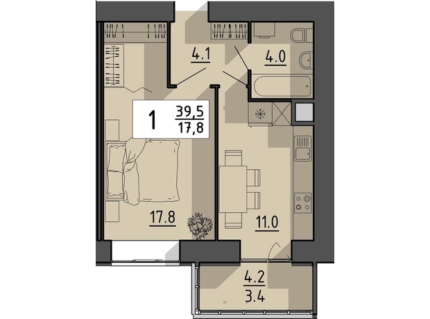 ЖК Файне місто: планування 1-кімнатної квартири 39.5 м²