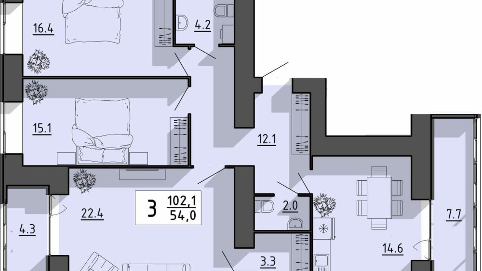 Планування 3-кімнатної квартири в ЖК Файне місто 102.1 м², фото 614908
