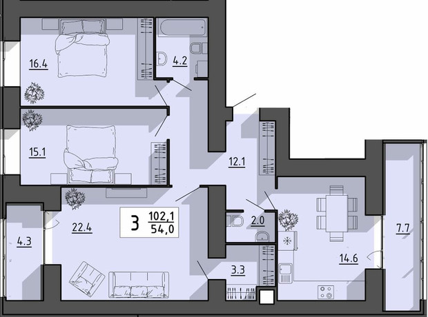 ЖК Файне місто: планування 3-кімнатної квартири 102.1 м²