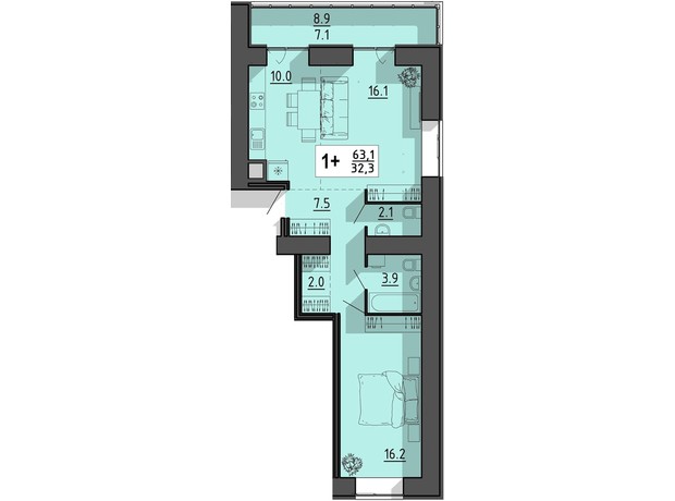 ЖК Файне місто: планування 1-кімнатної квартири 63.1 м²