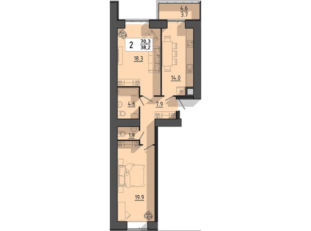 ЖК Файне місто: планування 2-кімнатної квартири 70.3 м²