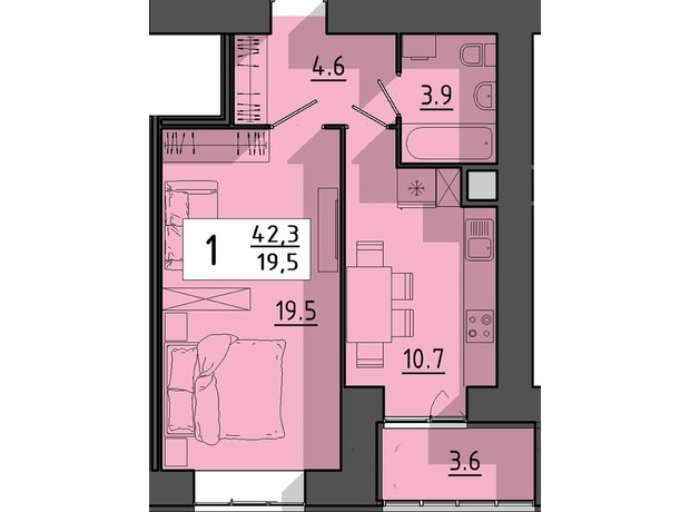 ЖК Файне місто: планування 1-кімнатної квартири 42.3 м²