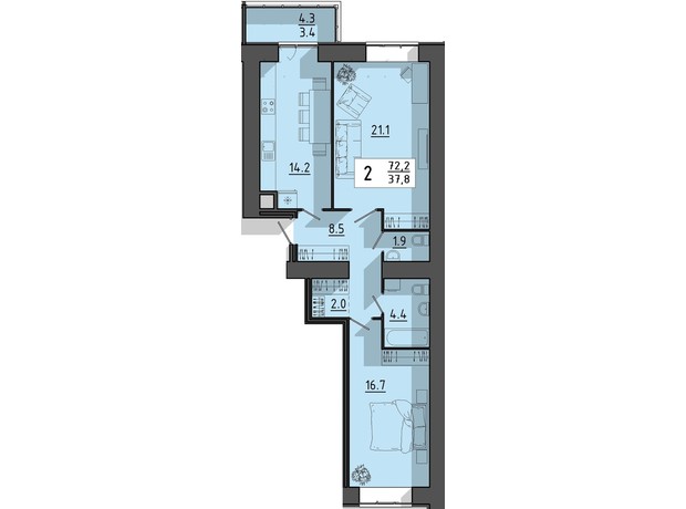 ЖК Файне місто: планування 2-кімнатної квартири 72.2 м²