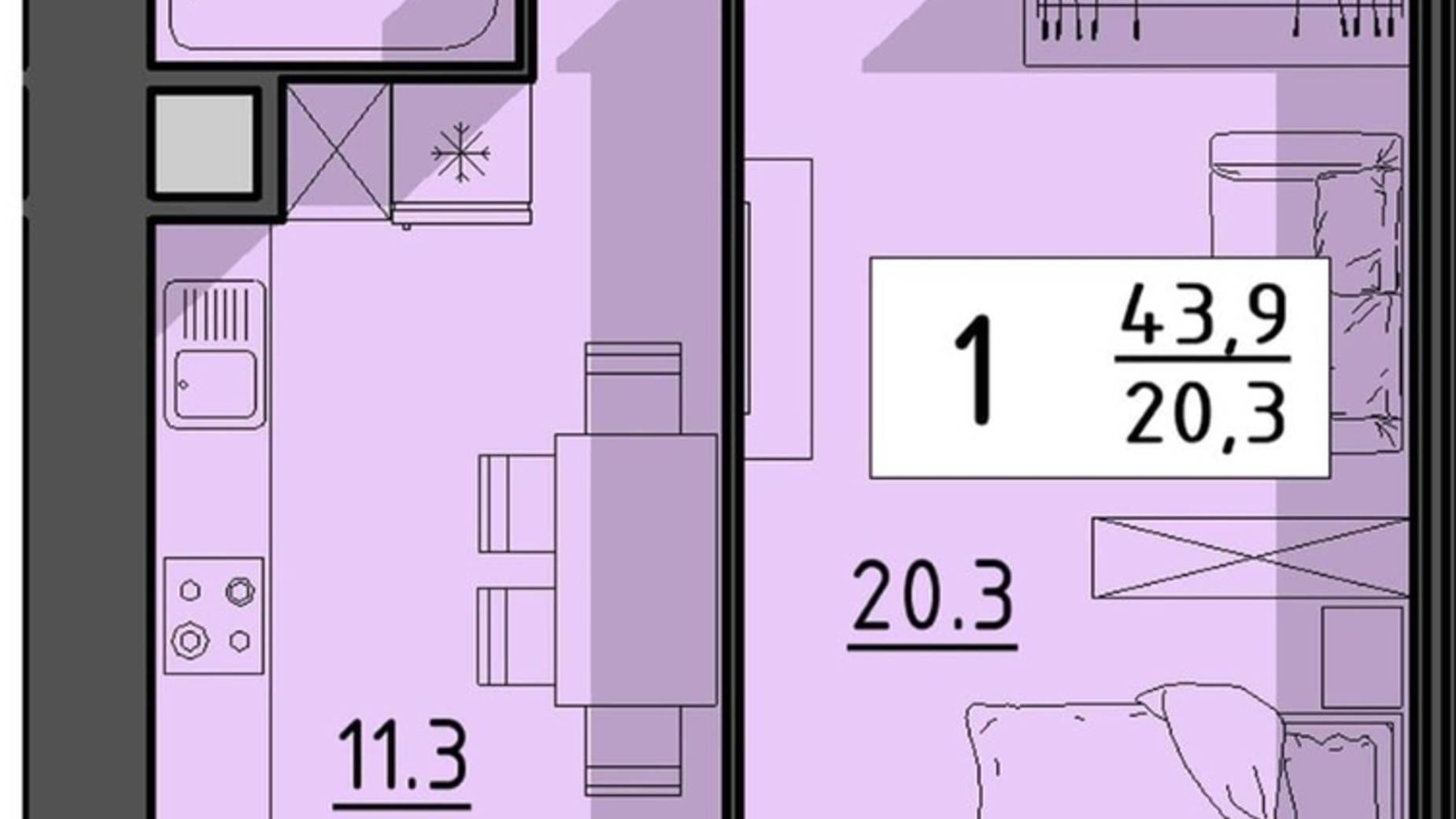 Планування 1-кімнатної квартири в ЖК Файне місто 43.9 м², фото 614924