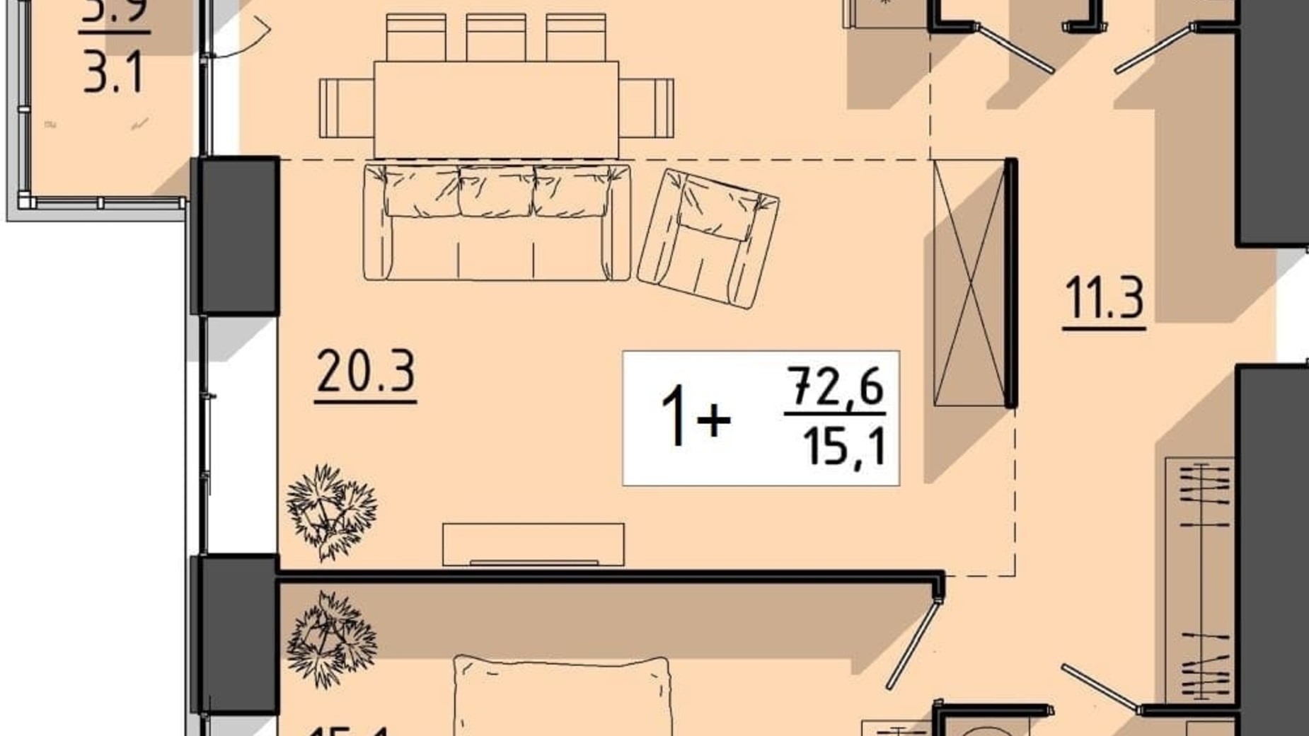 Планировка 1-комнатной квартиры в ЖК Файне місто 72.6 м², фото 614927