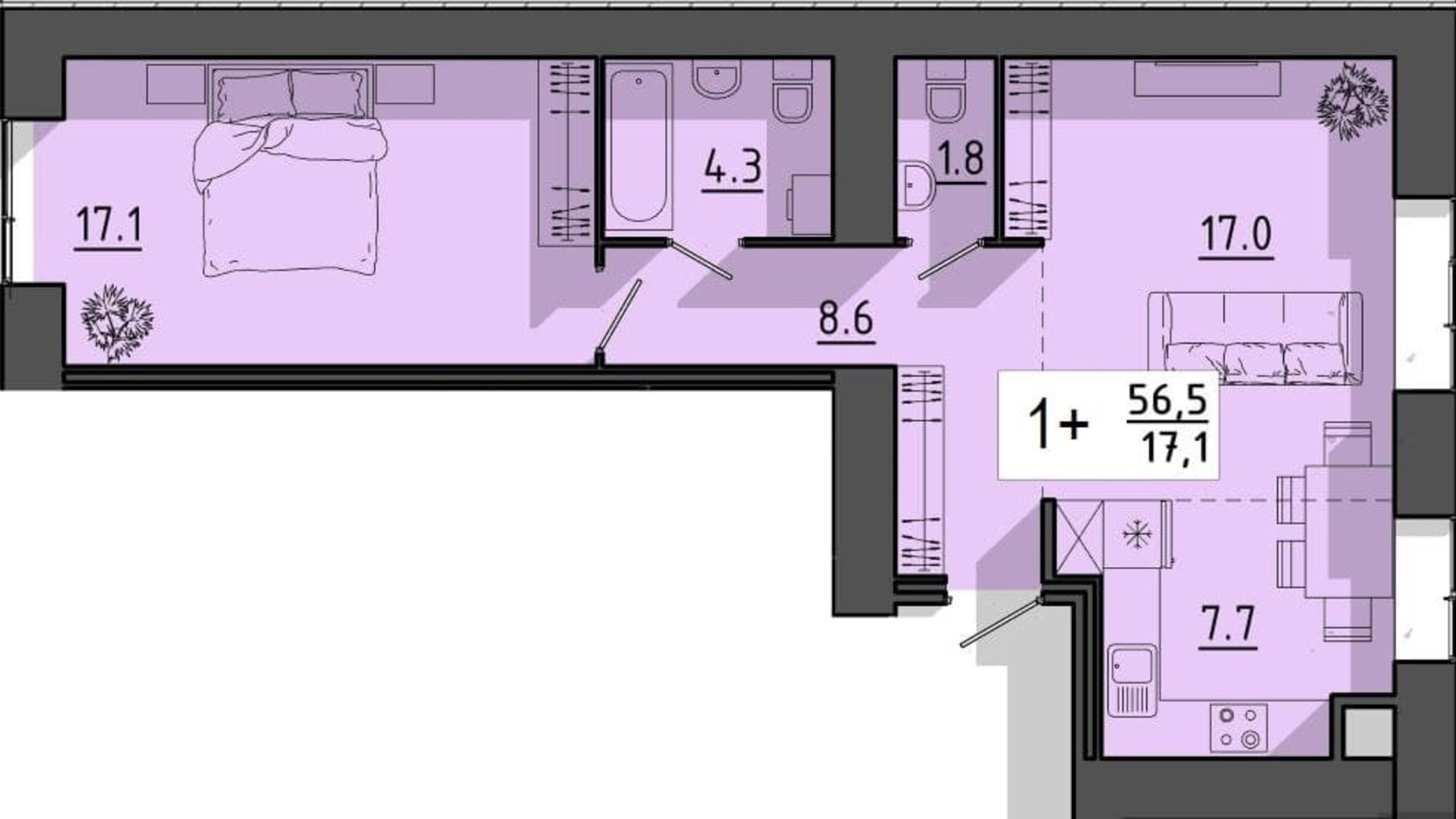 Планировка 1-комнатной квартиры в ЖК Файне місто 56.5 м², фото 614928