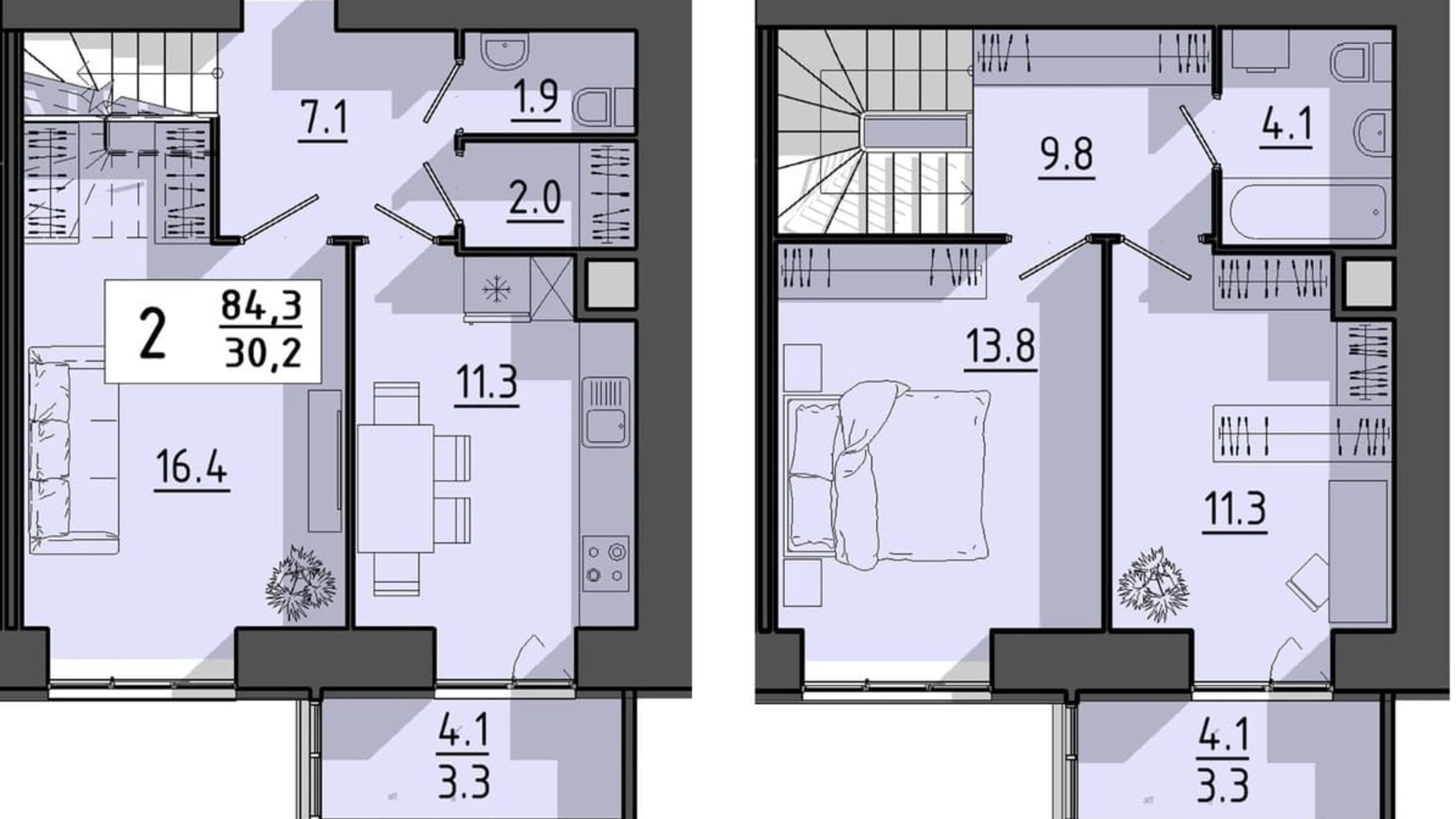 Планування багато­рівневої квартири в ЖК Файне місто 84.3 м², фото 614930