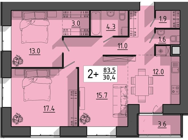 ЖК Файне місто: планировка 2-комнатной квартиры 83.5 м²
