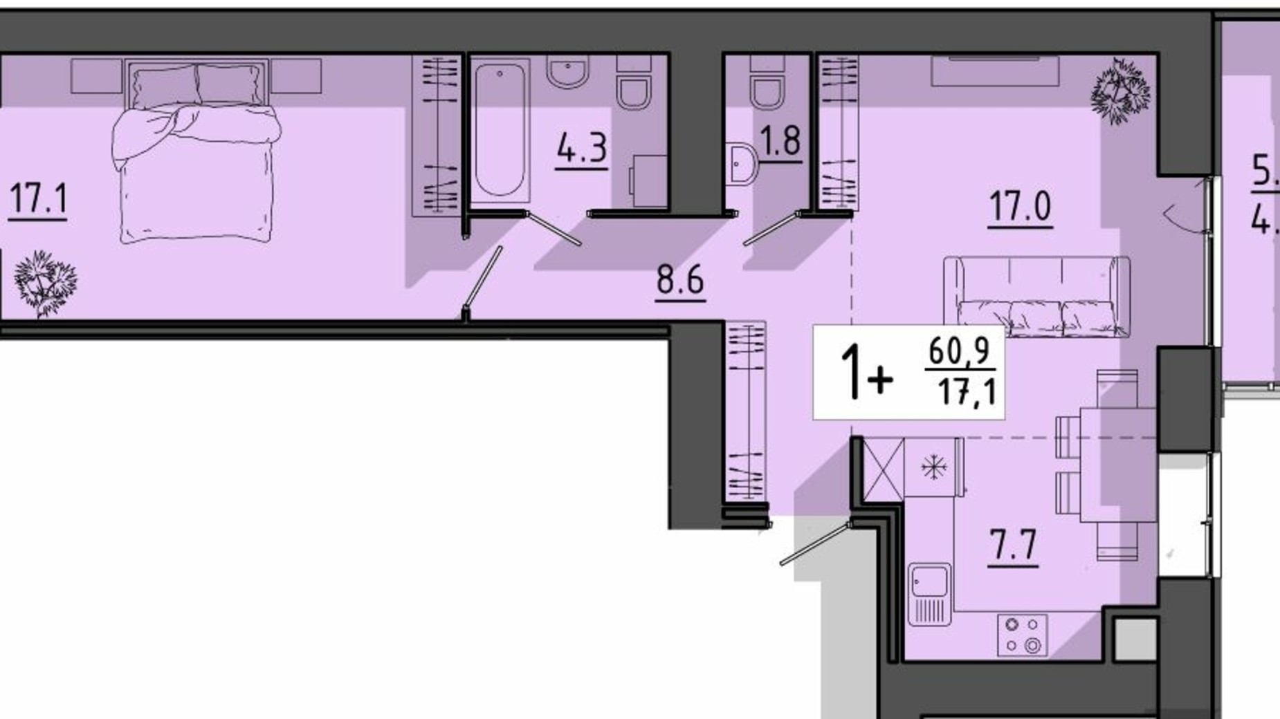 Планировка 1-комнатной квартиры в ЖК Файне місто 60.9 м², фото 614934