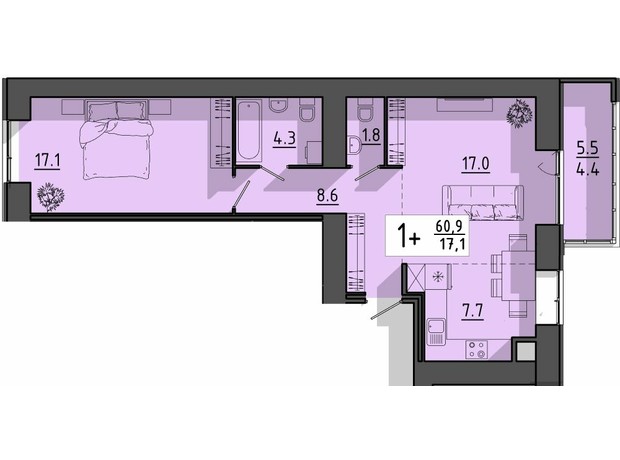 ЖК Файне місто: планировка 1-комнатной квартиры 60.9 м²