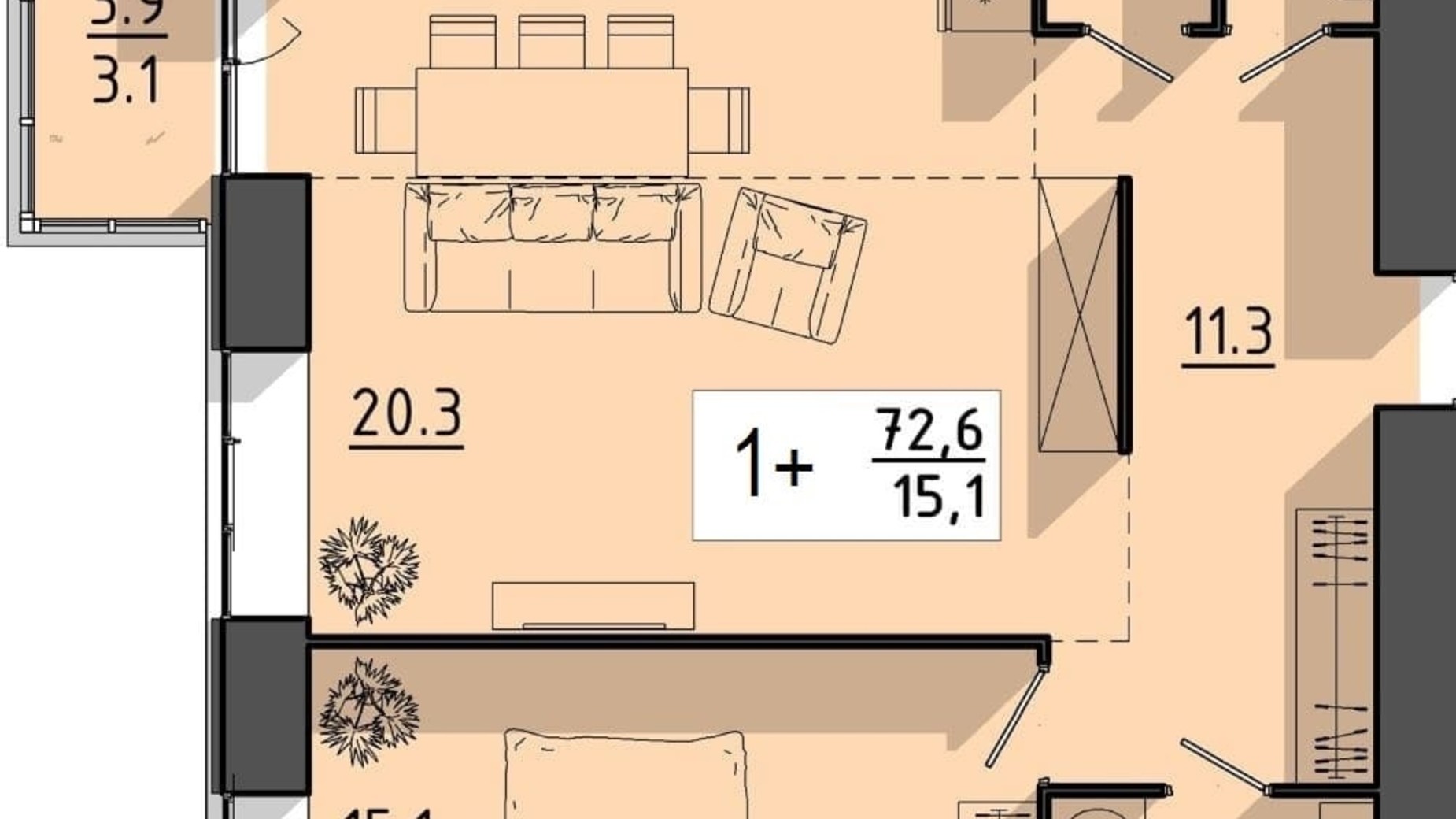 Планування 1-кімнатної квартири в ЖК Файне місто 72.6 м², фото 614938