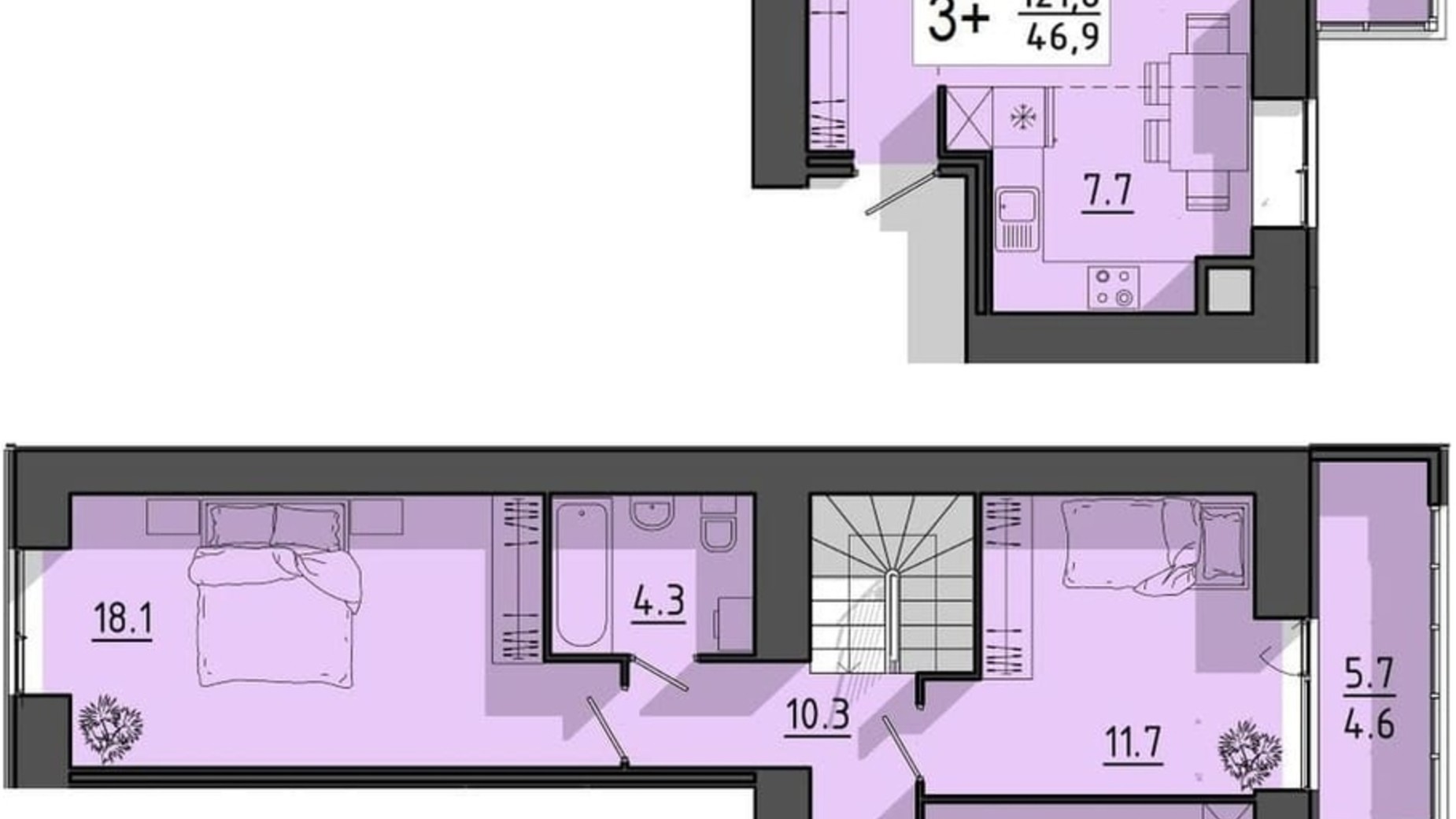 Планування багато­рівневої квартири в ЖК Файне місто 121.6 м², фото 614943