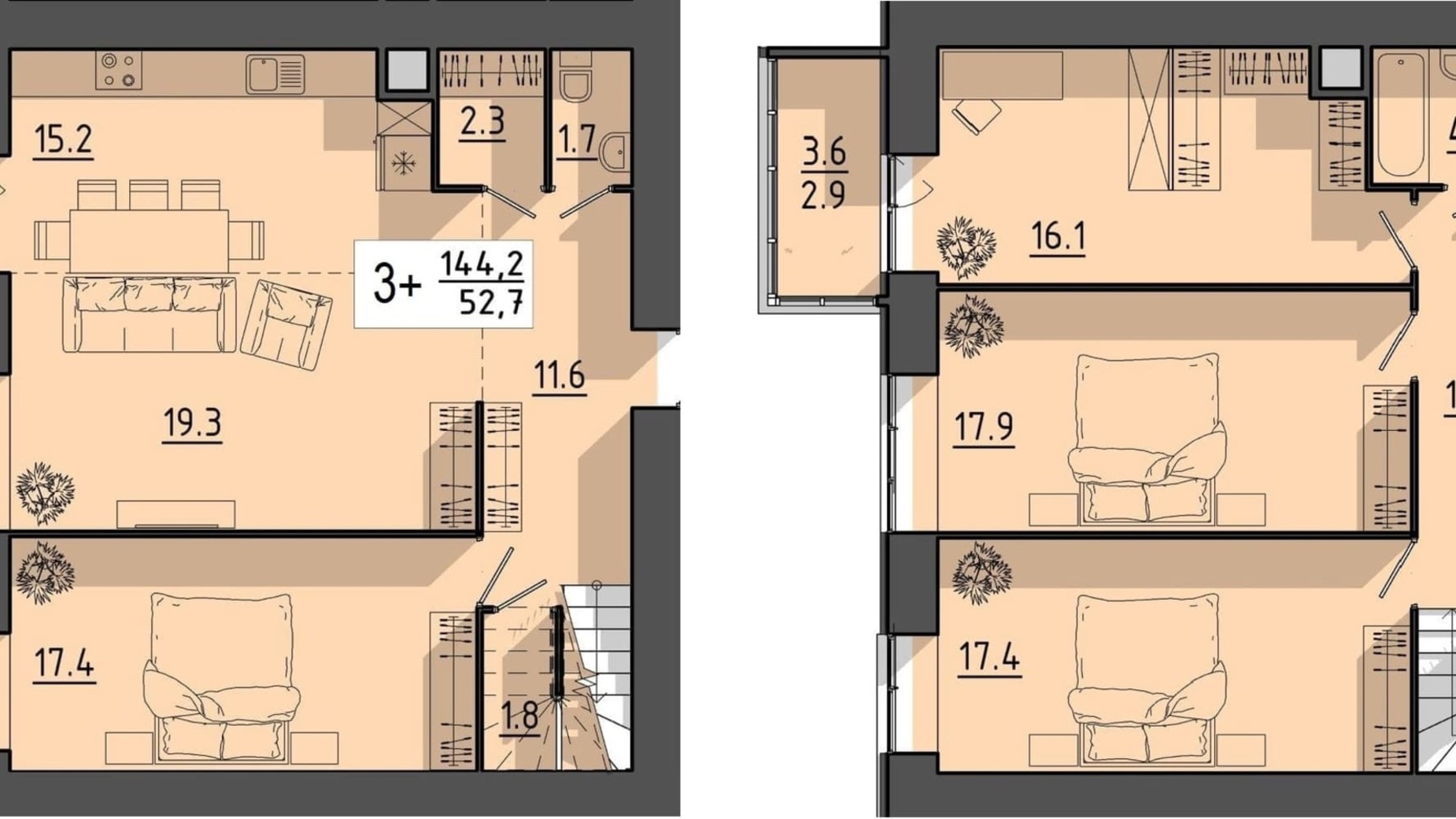 Планування багато­рівневої квартири в ЖК Файне місто 144.2 м², фото 614945