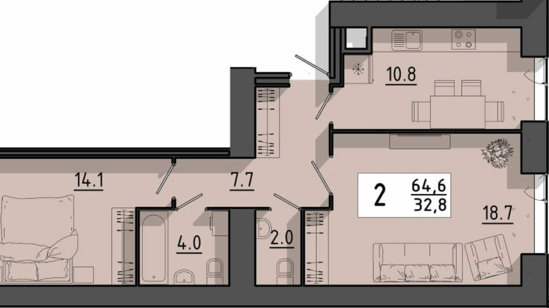 Планировка 2-комнатной квартиры в ЖК Файне місто 64.6 м², фото 614946