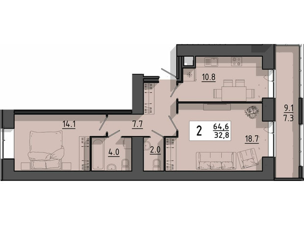 ЖК Файне місто: планування 2-кімнатної квартири 64.6 м²