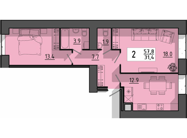 ЖК Файне місто: планування 2-кімнатної квартири 57.8 м²