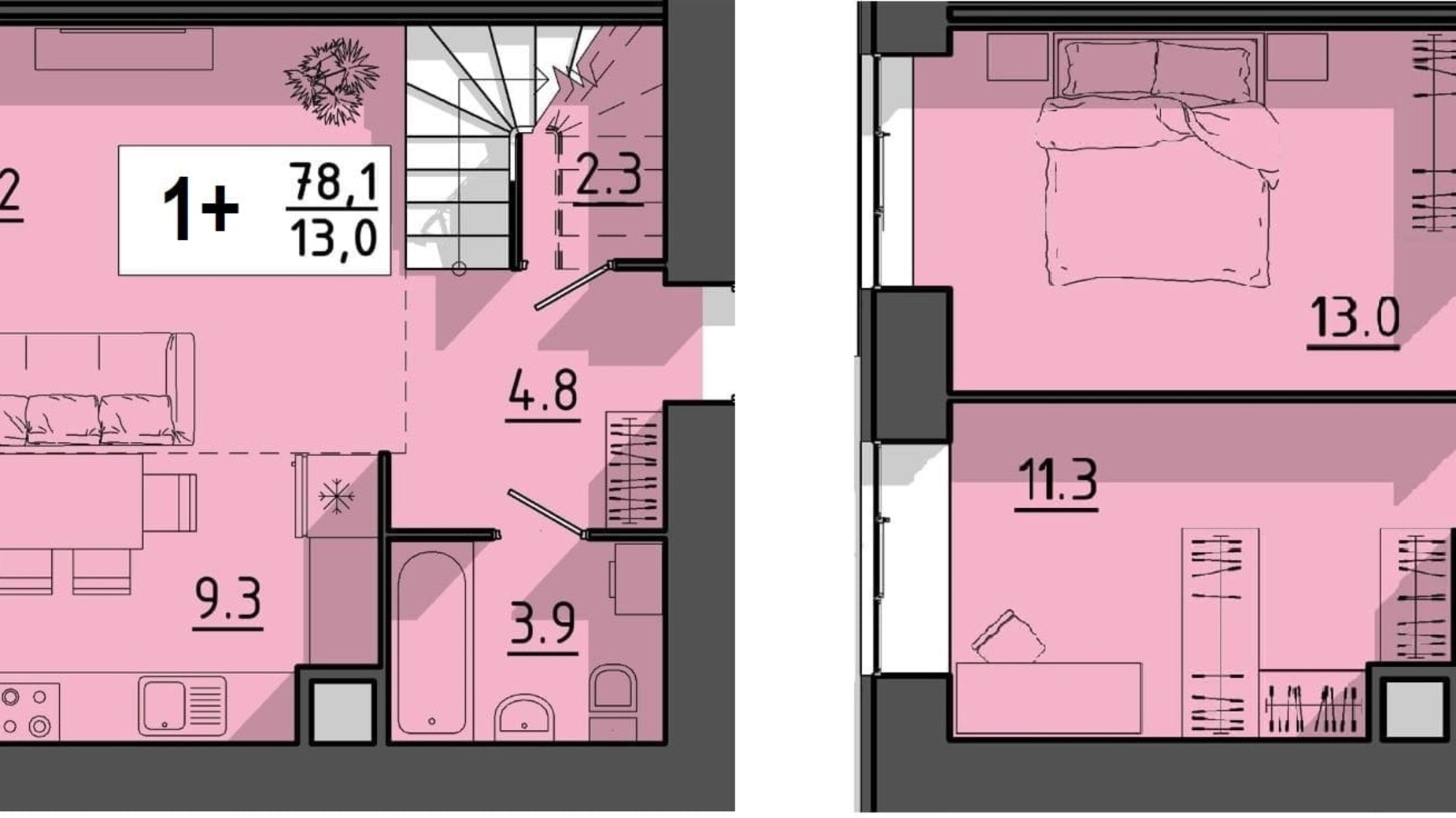 Планування багато­рівневої квартири в ЖК Файне місто 78.1 м², фото 614949