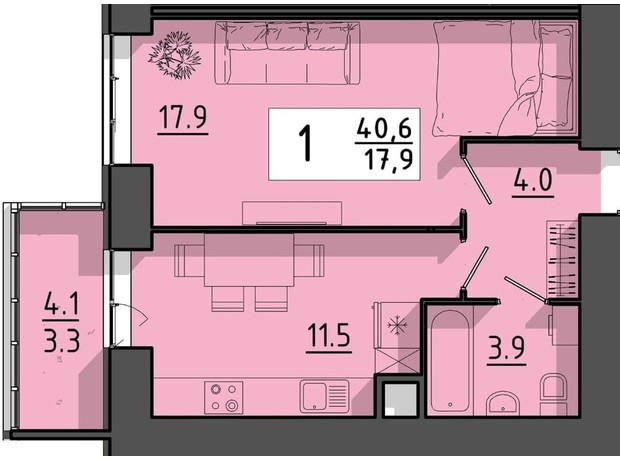 ЖК Файне місто: планування 1-кімнатної квартири 40.6 м²