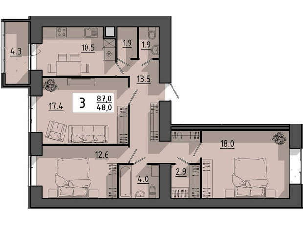 ЖК Файне місто: планировка 3-комнатной квартиры 87 м²