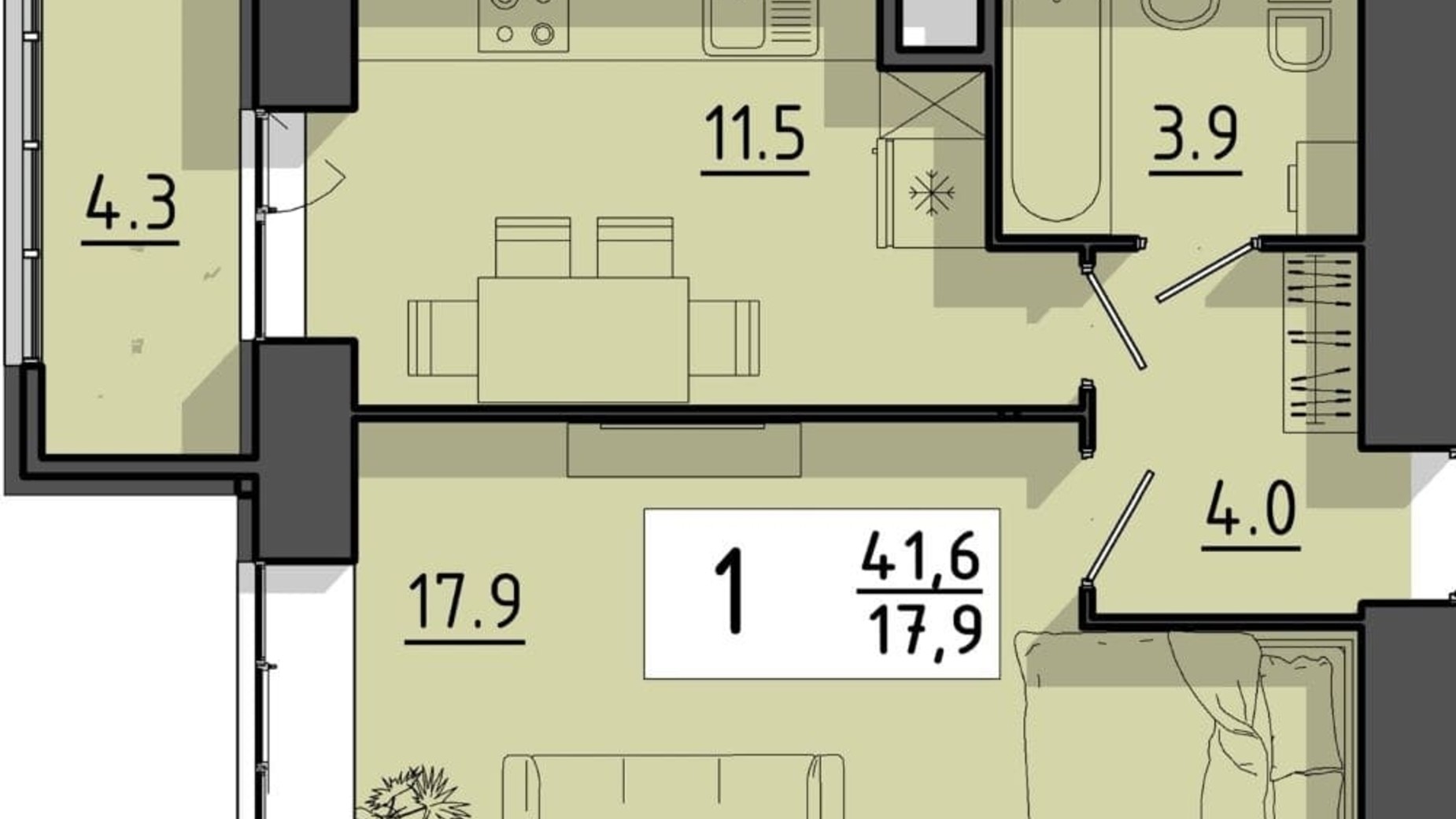 Планування 1-кімнатної квартири в ЖК Файне місто 41.6 м², фото 614953