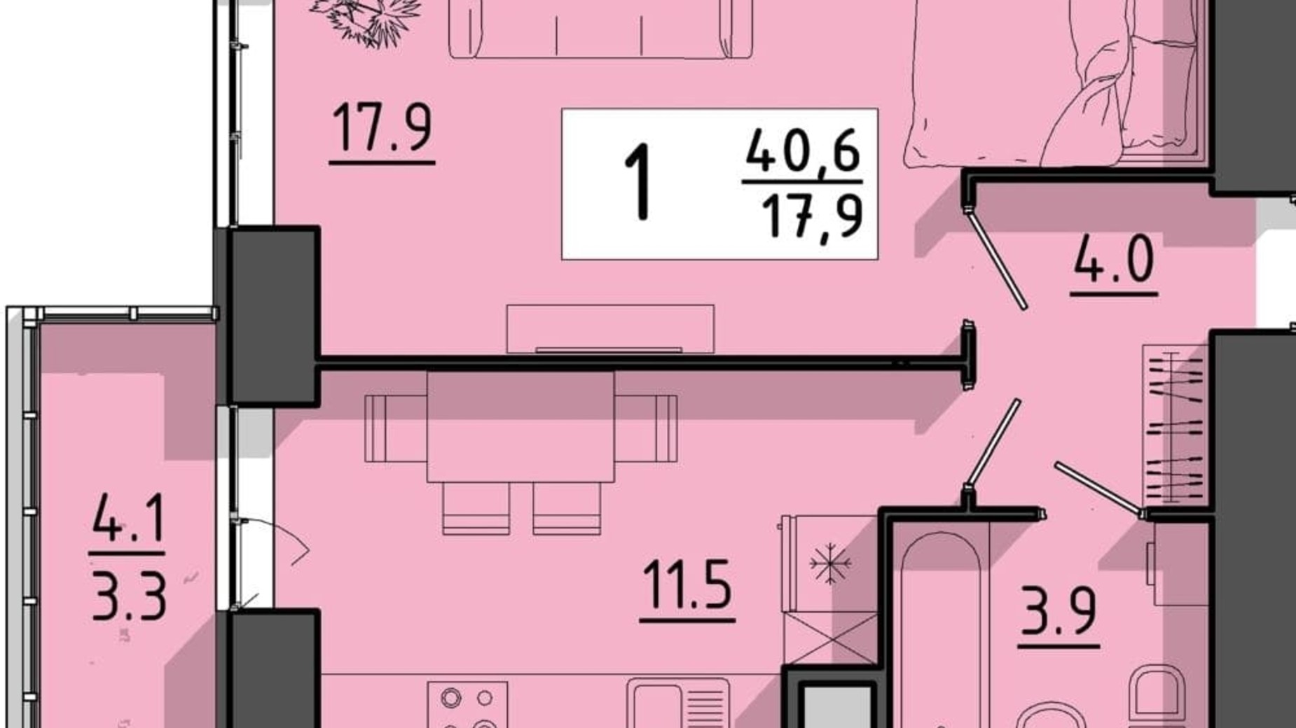 Планування 1-кімнатної квартири в ЖК Файне місто 40.6 м², фото 614954