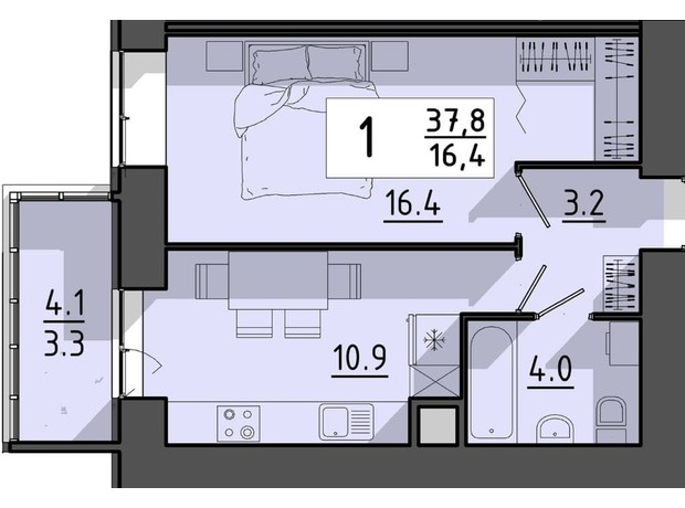 ЖК Файне місто: планування 1-кімнатної квартири 37.8 м²