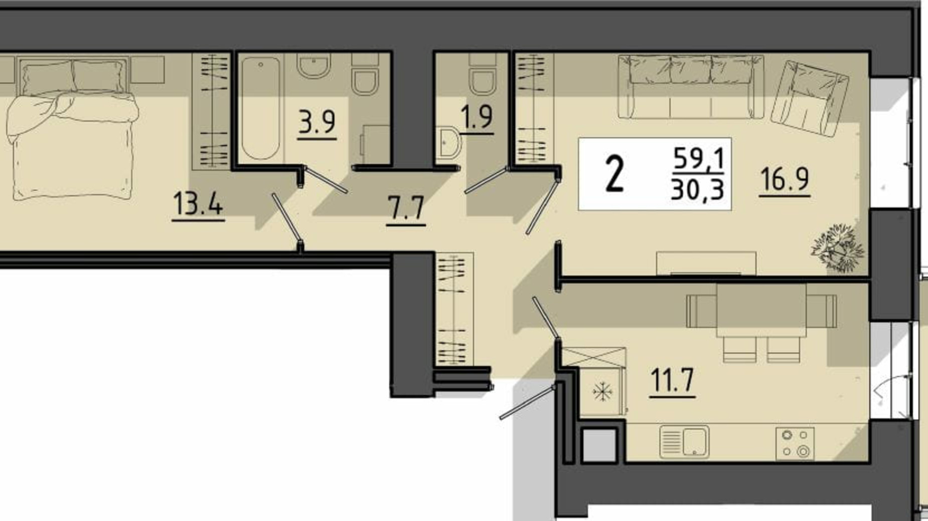 Планировка 2-комнатной квартиры в ЖК Файне місто 59.1 м², фото 614957