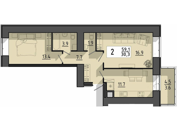 ЖК Файне місто: планировка 2-комнатной квартиры 59.1 м²