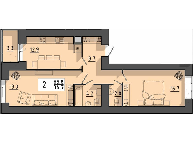 ЖК Файне місто: планировка 2-комнатной квартиры 65.8 м²