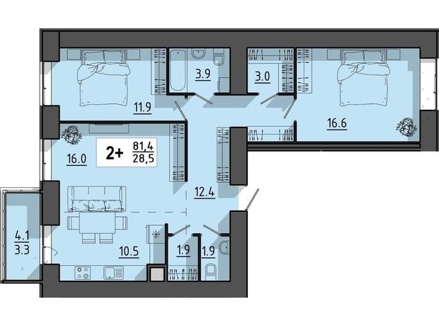 ЖК Файне місто: планировка 2-комнатной квартиры 81.4 м²