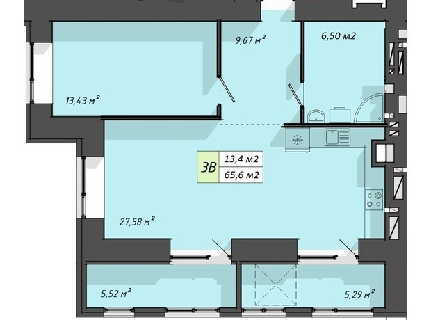 ЖК Львовский: планировка 1-комнатной квартиры 65.6 м²
