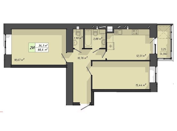 ЖК Львовский: планировка 2-комнатной квартиры 66.4 м²