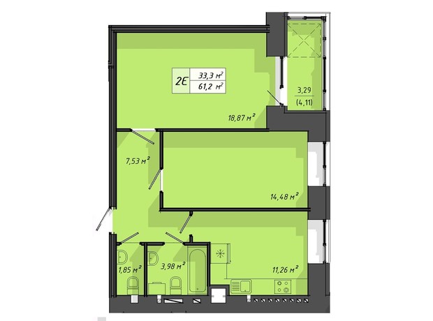 ЖК Львівський: планування 2-кімнатної квартири 61.2 м²