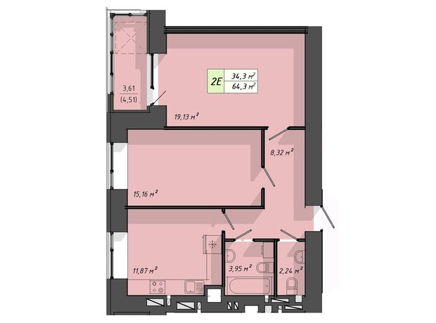 ЖК Львовский: планировка 2-комнатной квартиры 64.3 м²