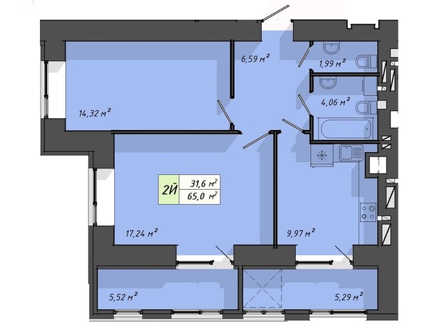 ЖК Львовский: планировка 2-комнатной квартиры 65 м²