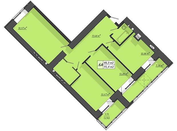 ЖК Львовский: планировка 3-комнатной квартиры 91.4 м²