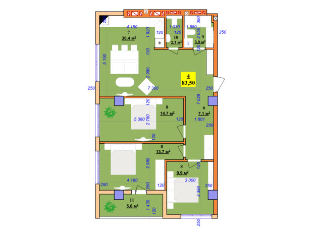 ЖК Central Park: планировка 3-комнатной квартиры 83.5 м²