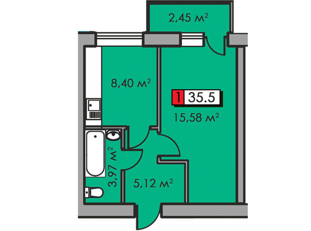 ЖК Парковий квартал: планування 1-кімнатної квартири 35.5 м²