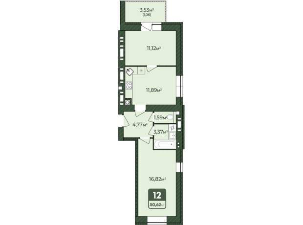 ЖК West Home: планировка 2-комнатной квартиры 50.62 м²