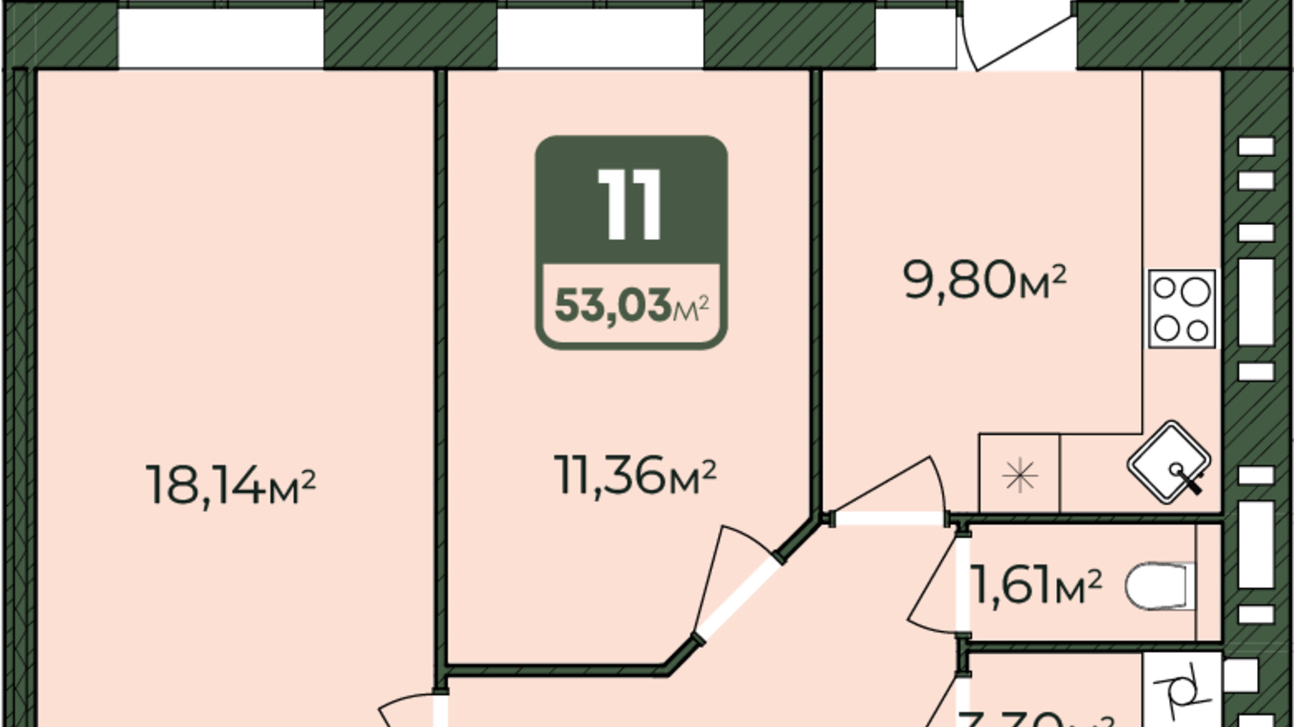 Планировка 2-комнатной квартиры в ЖК West Home 53.03 м², фото 615332