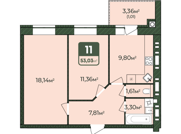 ЖК West Home: планування 2-кімнатної квартири 53.03 м²