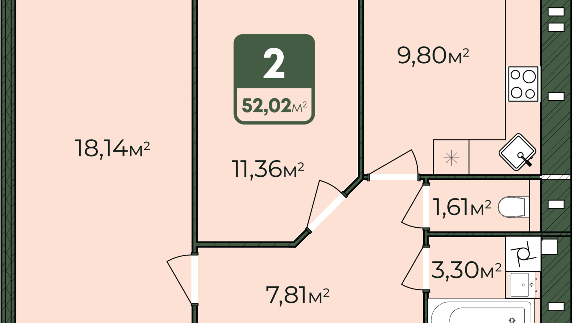 Планування 2-кімнатної квартири в ЖК West Home 52.02 м², фото 615338