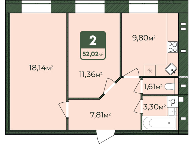 ЖК West Home: планировка 2-комнатной квартиры 52.02 м²