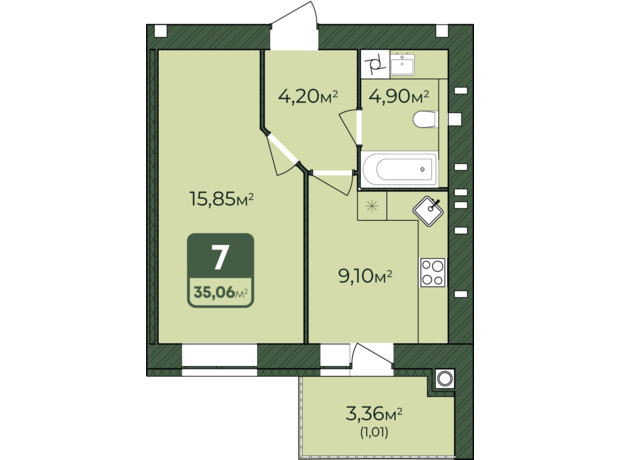 ЖК West Home: планування 1-кімнатної квартири 35.06 м²