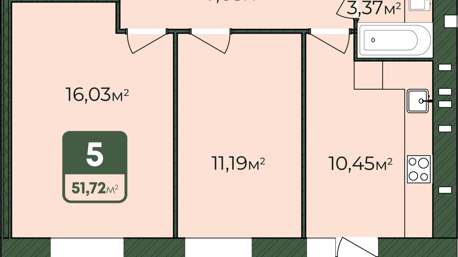 Планування 2-кімнатної квартири в ЖК West Home 51.72 м², фото 615342