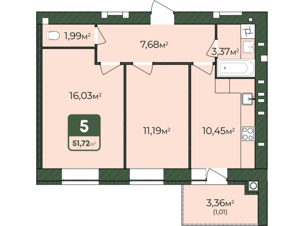 ЖК West Home: планування 2-кімнатної квартири 51.72 м²